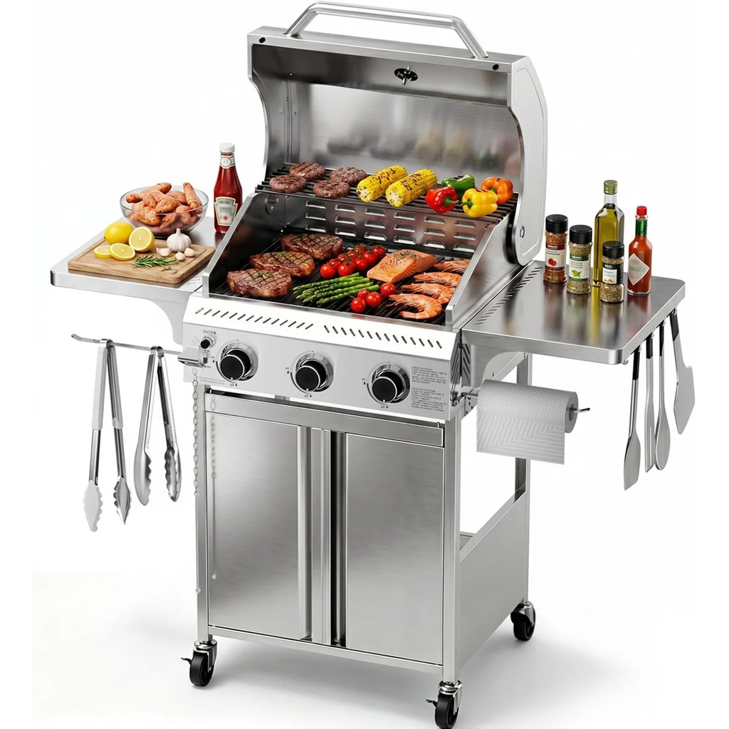 3 Burner Propane Gas Grill, 24,000 BTU Stainless Steel BBQ Grill with Foldable Side Tables & Porcelain-Enameled Grates, Barbecue Grill with Wheels for Outdoor Cooking, Camping, Patio