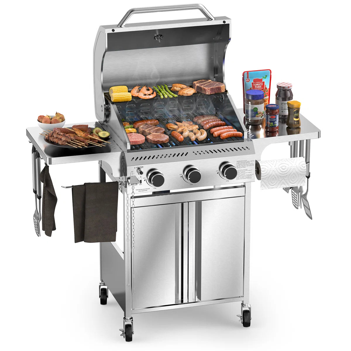 3 Burner Propane Gas Grill, 24,000 BTU Stainless Steel BBQ Grill with Foldable Side Tables & Porcelain-Enameled Grates, Barbecue Grill with Wheels for Outdoor Cooking, Camping, Patio