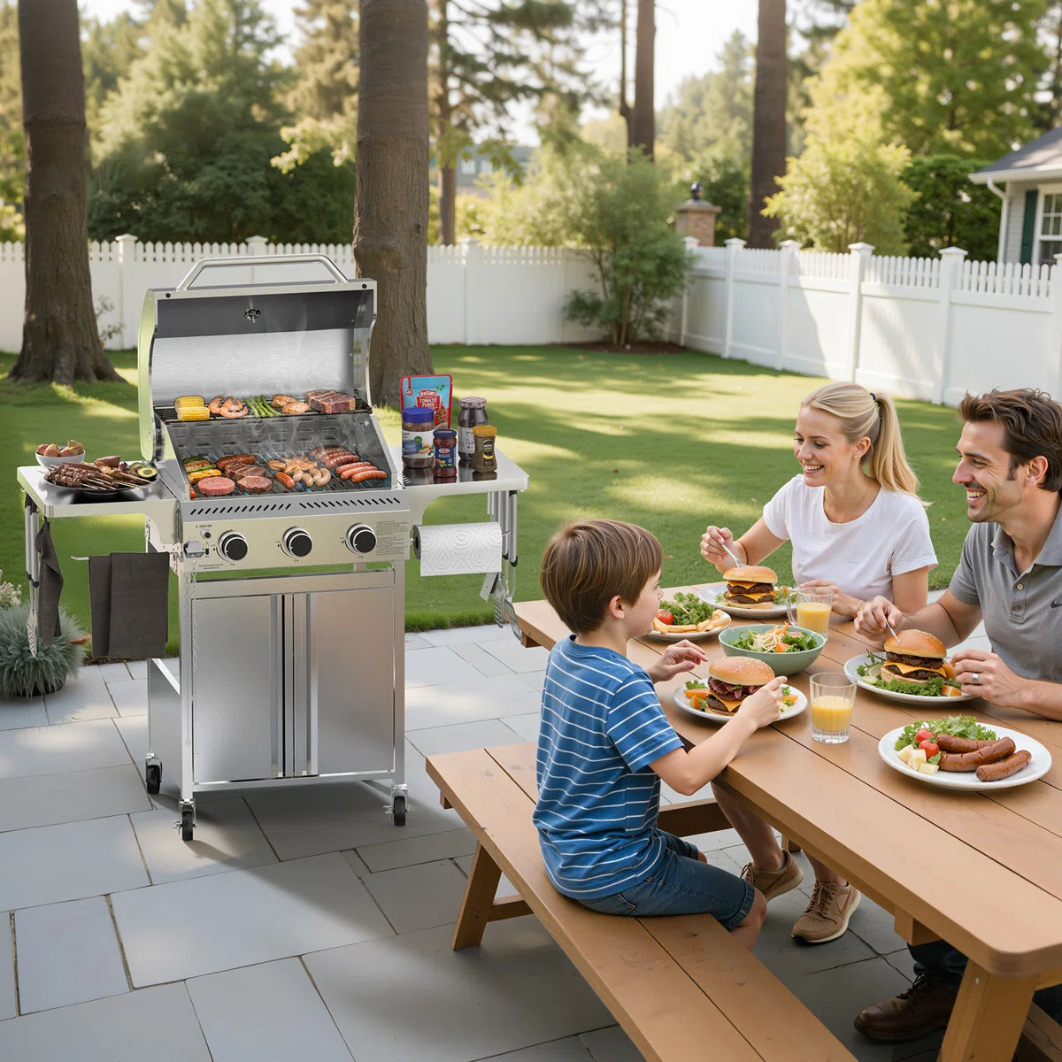 3 Burner Propane Gas Grill, 24,000 BTU Stainless Steel BBQ Grill with Foldable Side Tables & Porcelain-Enameled Grates, Barbecue Grill with Wheels for Outdoor Cooking, Camping, Patio
