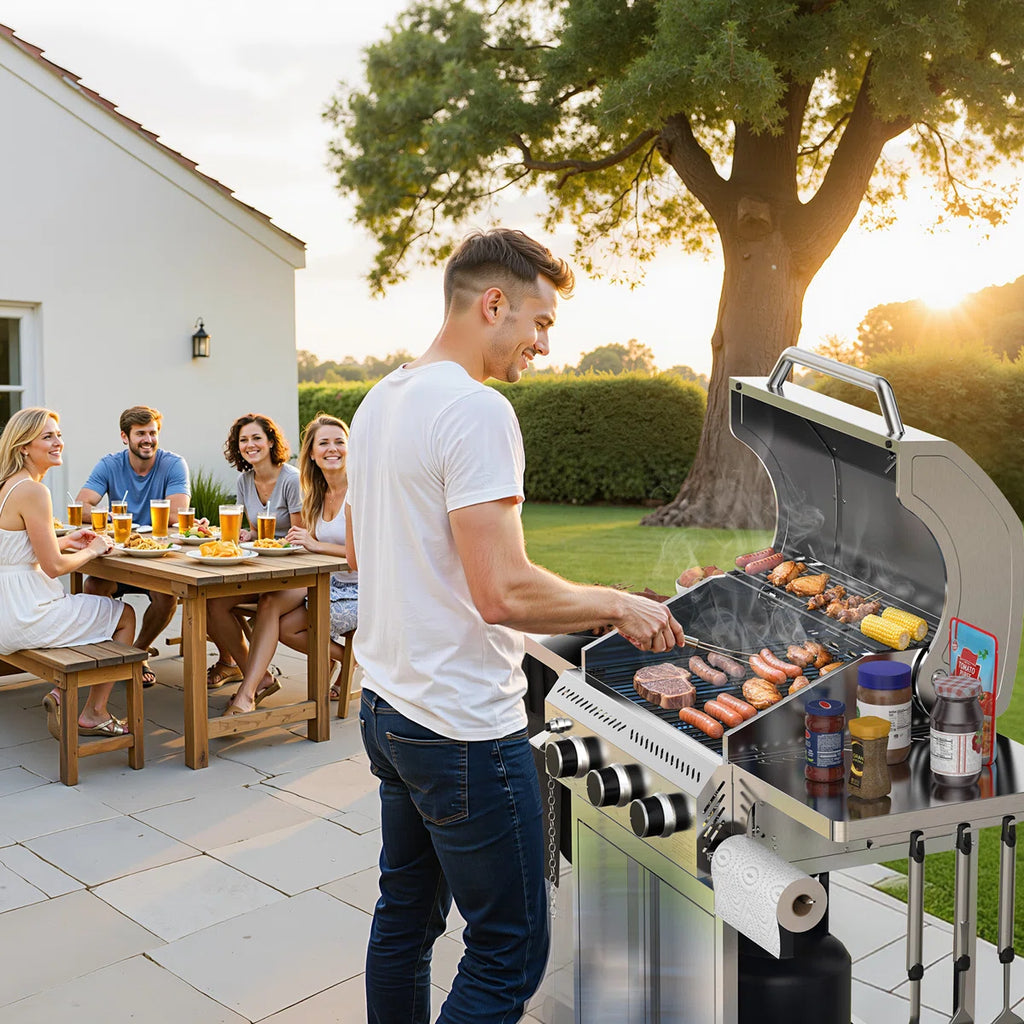 3 Burner Propane Gas Grill, 24,000 BTU Stainless Steel BBQ Grill with Foldable Side Tables & Porcelain-Enameled Grates, Barbecue Grill with Wheels for Outdoor Cooking, Camping, Patio
