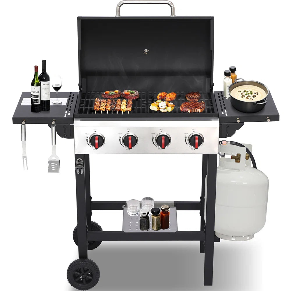 4-burner Propane Gas Grill With Cast Iron Grates, 302 Sq. In. Bbq Grilling Space, Foldable Side Shelves For Portable Outdoor Patio Camping, Black