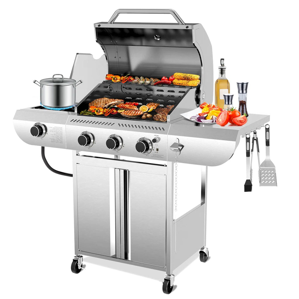 Electactic 3+1-Burner 34,000 BTU BBQ Grill - Stainless Steel, 56.5x41cm Area, Side Burner