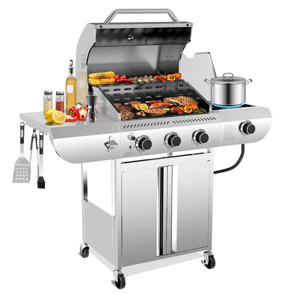 Electactic 3+1-Burner 34,000 BTU BBQ Grill - Stainless Steel, 56.5x41cm Area, Side Burner