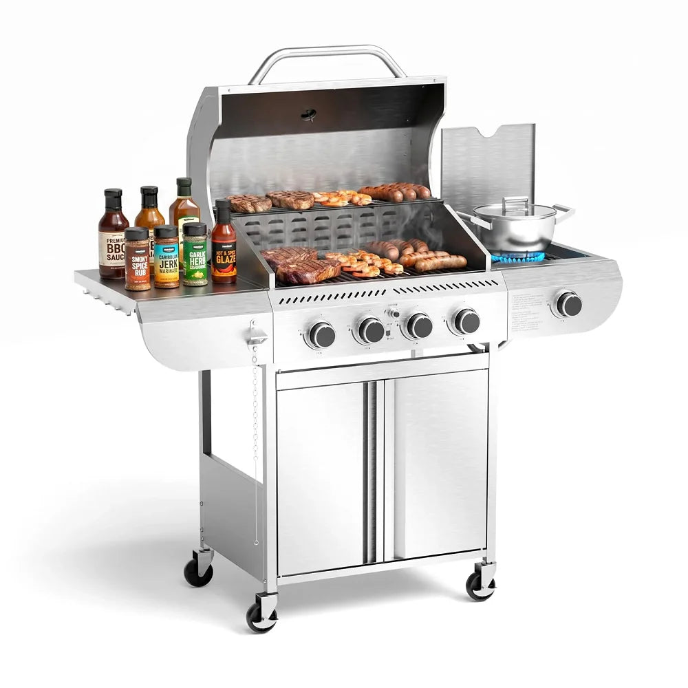 Electactic 3+1-Burner 34,000 BTU BBQ Grill - Stainless Steel, 56.5x41cm Area, Side Burner