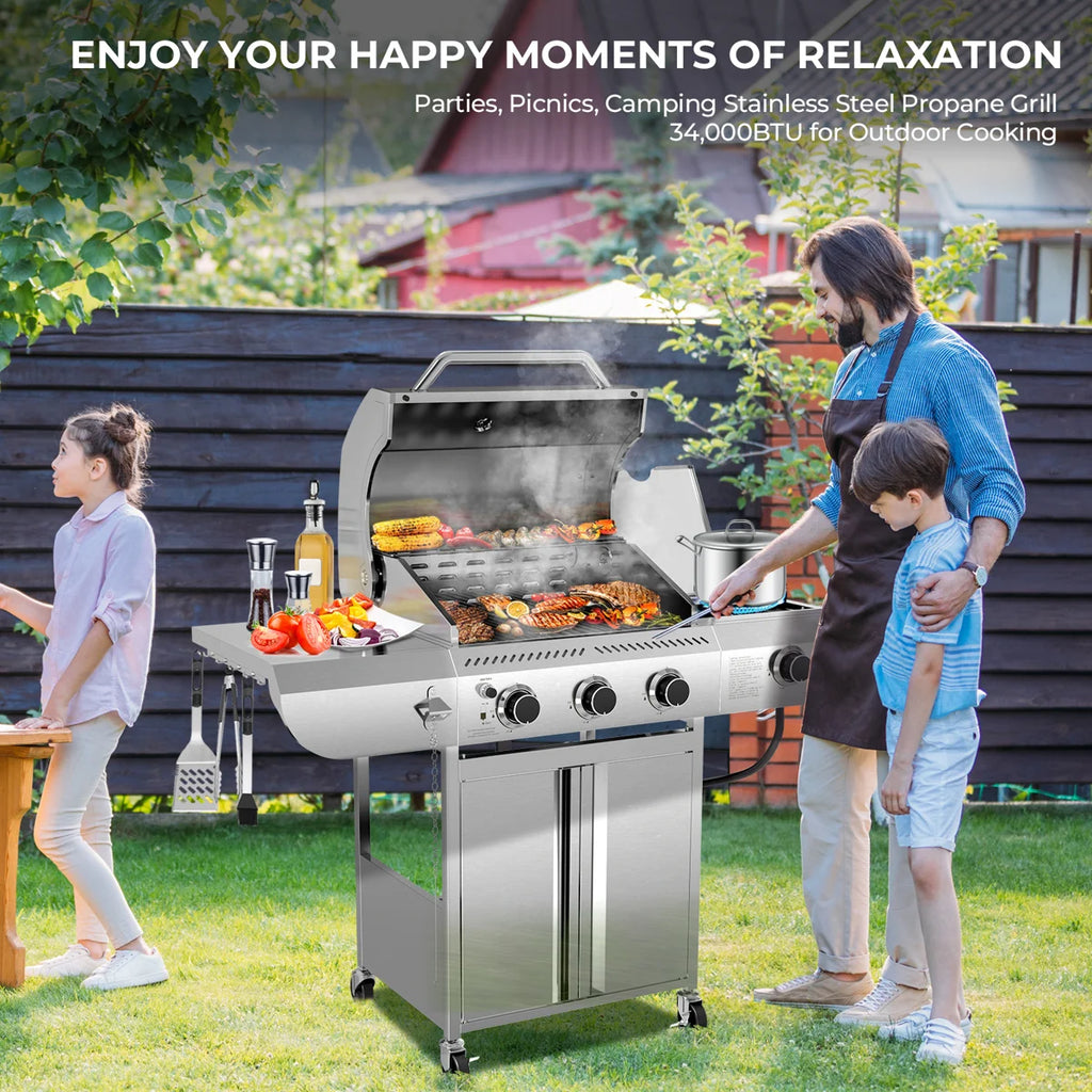 4-burner Propane Gas Grill With Cast Iron Grates, 302 Sq. In. Bbq Grilling Space, Foldable Side Shelves For Portable Outdoor Patio Camping, Black